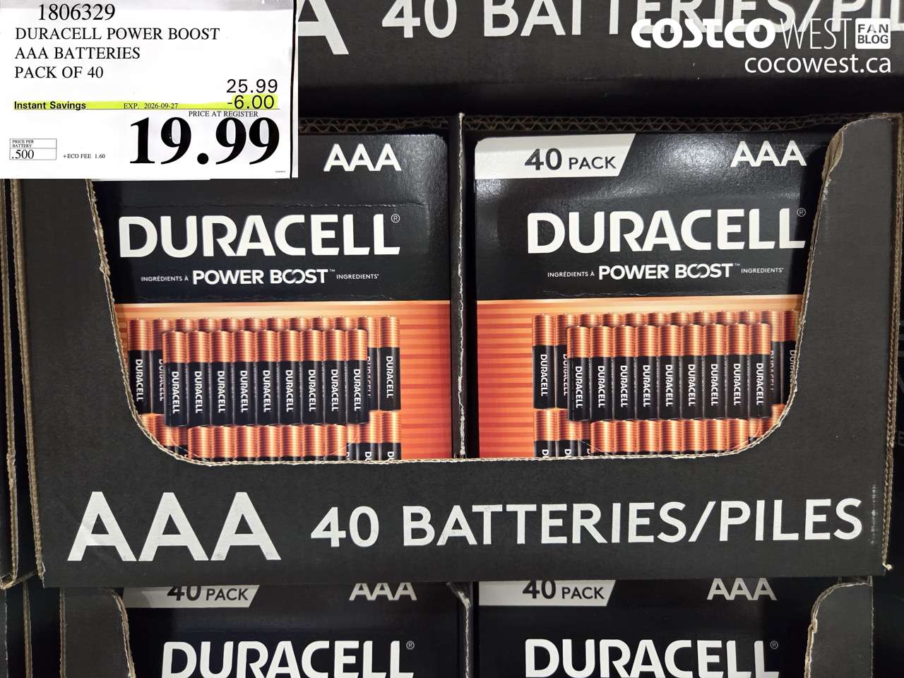 1806329 DURACELL POWER BOOST AAA BATTERIES PACK OF 40 ($6.00 INSTANT SAVINGS EXPIRES ON 2026-09-27) $19.99
