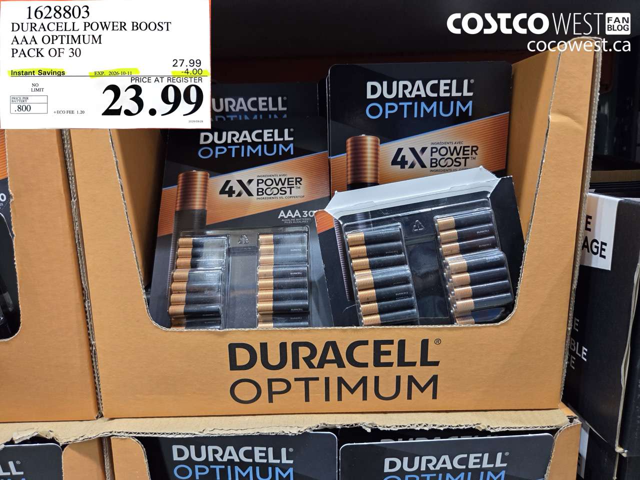 1628803 DURACELL POWER BOOST AAA OPTIMUM PACK OF 30 ($4.00 INSTANT SAVINGS EXPIRES ON 2026-10-11) $23.99