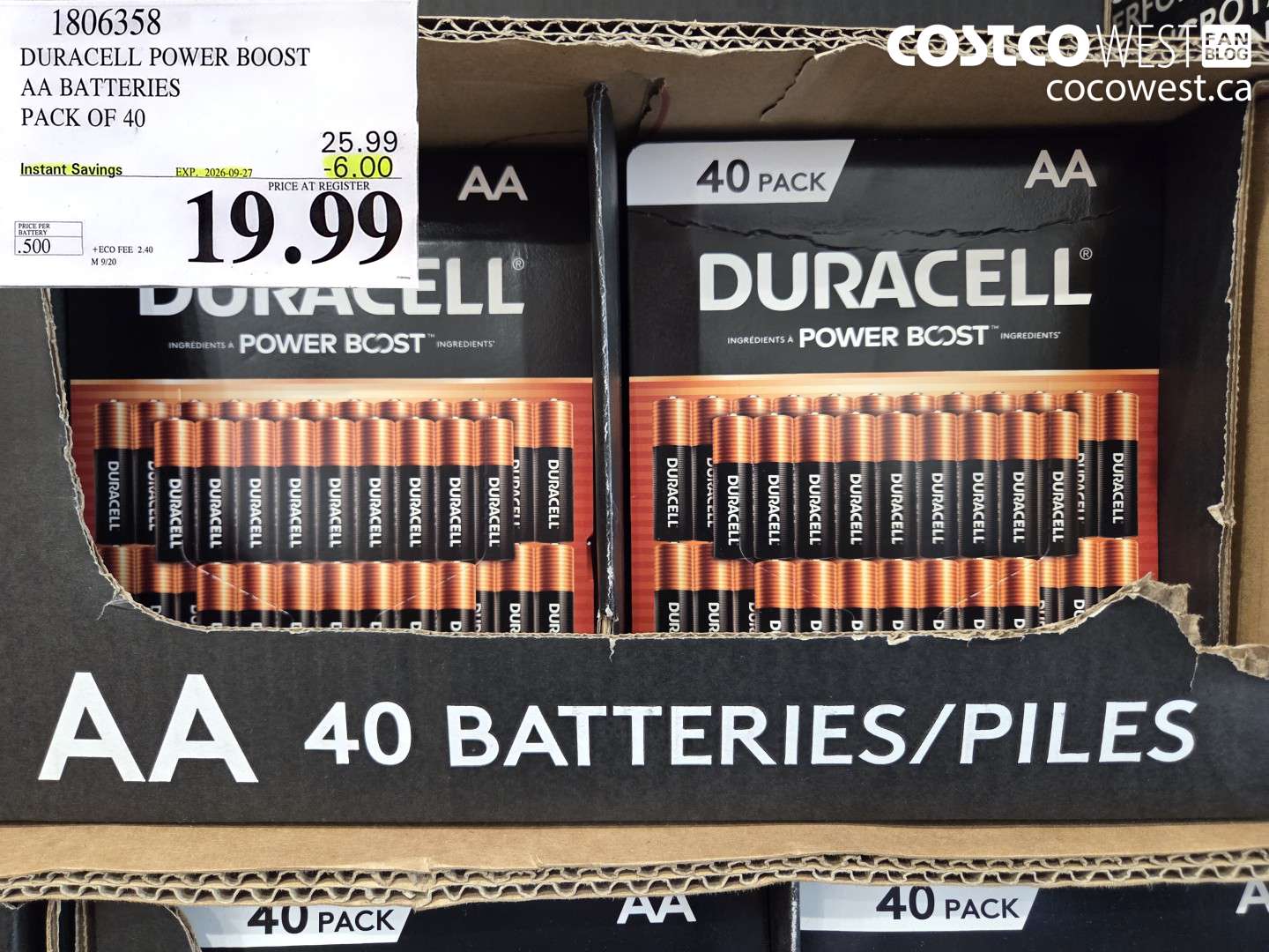 1806358 DURACELL POWER BOOST AA BATTERIES PACK OF 40 ($6.00 INSTANT SAVINGS EXPIRES ON 2026-09-27) $19.99