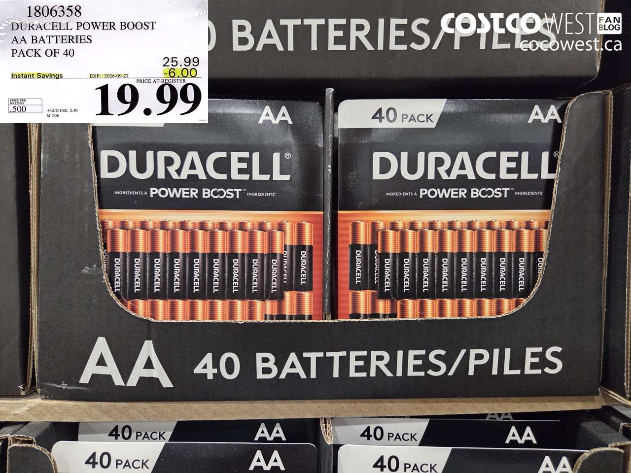 1806358 DURACELL POWER BOOST AA BATTERIES PACK OF 40 ($6.00 INSTANT SAVINGS EXPIRES ON 2026-09-27) $19.99