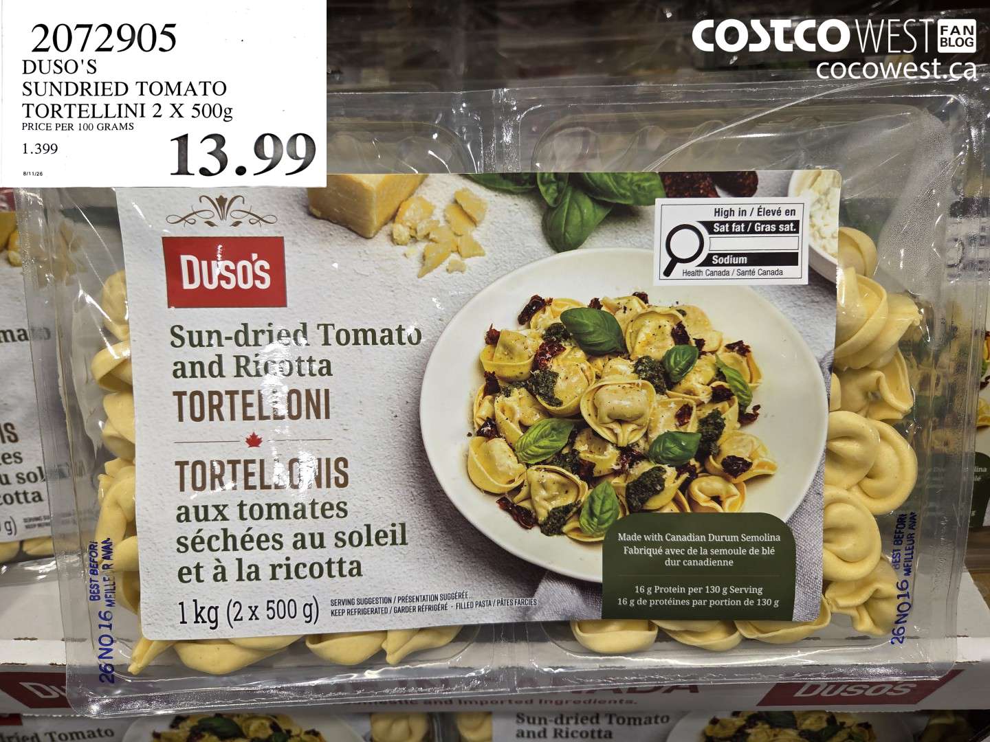 2072905 DUSO'S SUNDRIED TOMATO TORTELLINI 2 X 500G $13.99