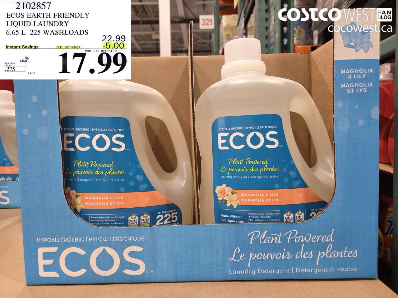 2102857 ECOS EARTH FRIENDLY LIQUID LAUNDRY 6.65 L 225 WASHLOADS ($5.00 INSTANT SAVINGS EXPIRES ON 2026-09-27) $17.99