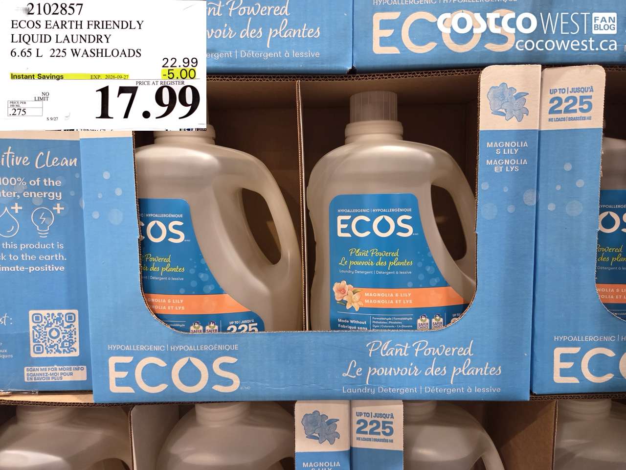 2102857 ECOS EARTH FRIENDLY LIQUID LAUNDRY 6.65 L 225 WASHLOADS ($5.00 INSTANT SAVINGS EXPIRES ON 2026-09-27) $17.99