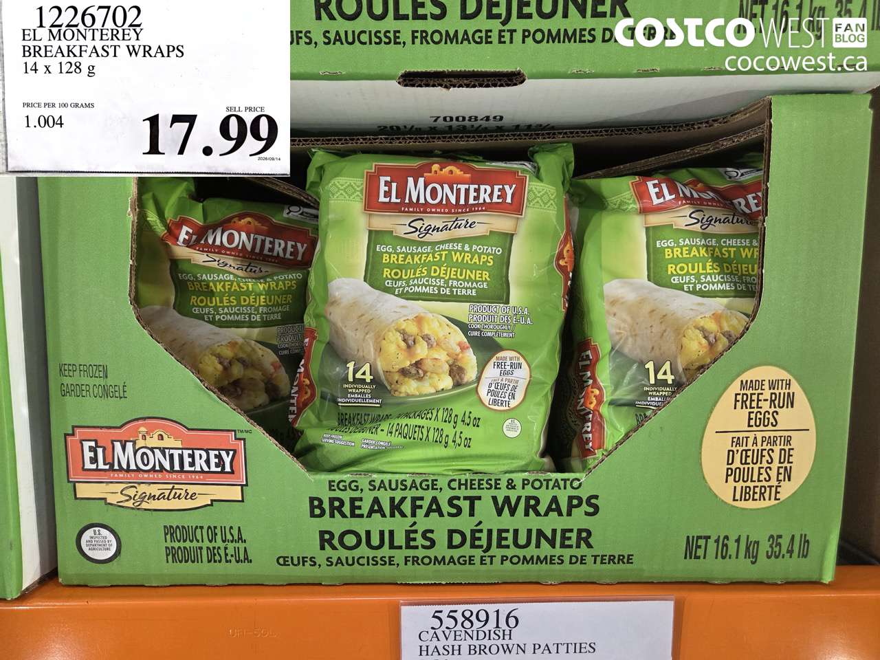 1226702 EL MONTEREY BREAKFAST WRAPS 14 X 128 G $17.99