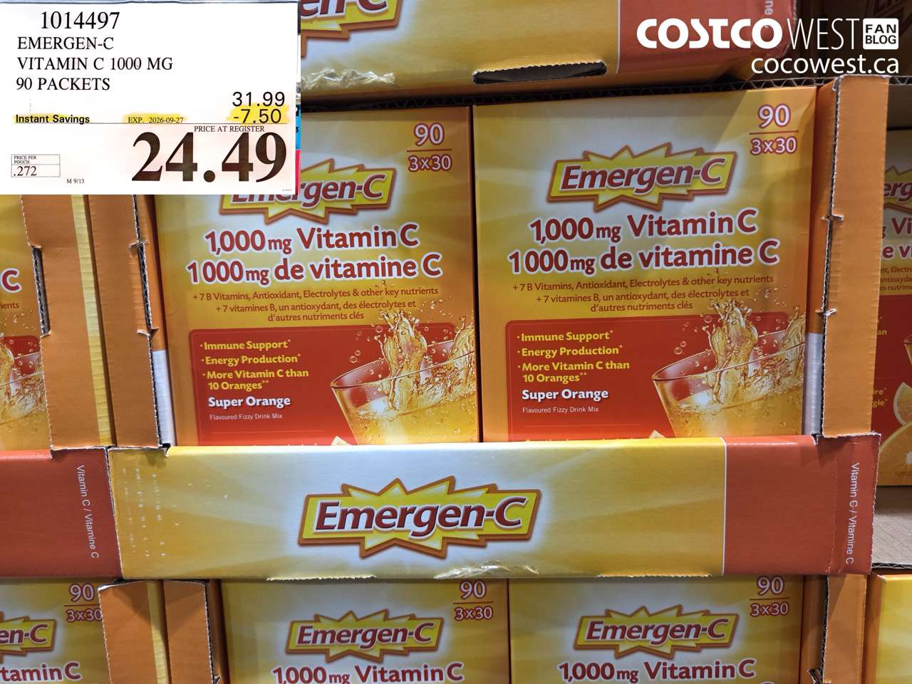 1014497 EMERGEN-C VITAMIN C 1000 MG 90 PACKETS ($7.50 INSTANT SAVINGS EXPIRES ON 2026-09-27) $24.49