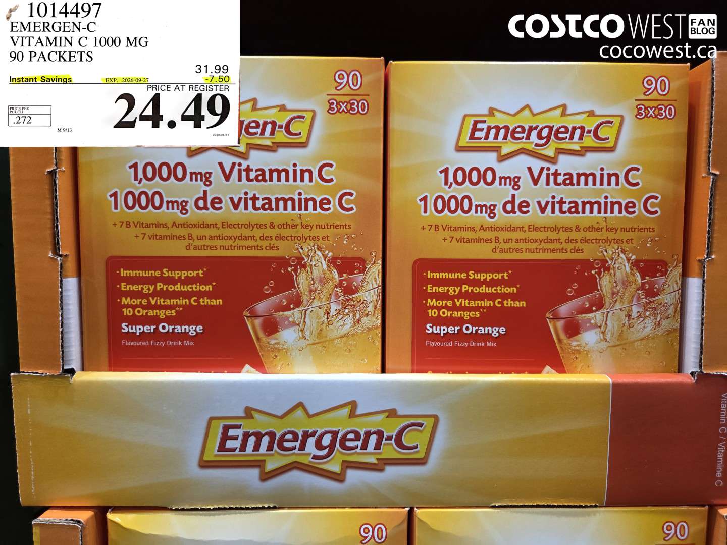 1014497 EMERGEN-C VITAMIN C 1000 MG 90 PACKETS ($7.50 INSTANT SAVINGS EXPIRES ON 2026-09-27) $24.49