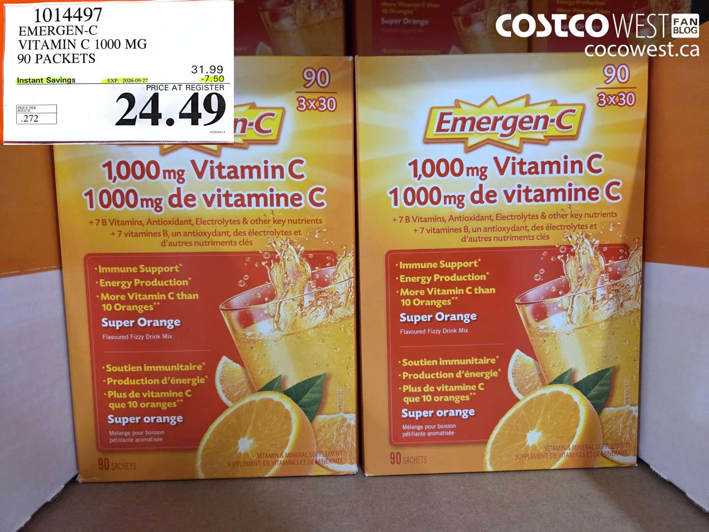 1014497 EMERGEN-C VITAMIN C 1000 MG 90 PACKETS ($7.50 INSTANT SAVINGS EXPIRES ON 2026-09-27) $24.49