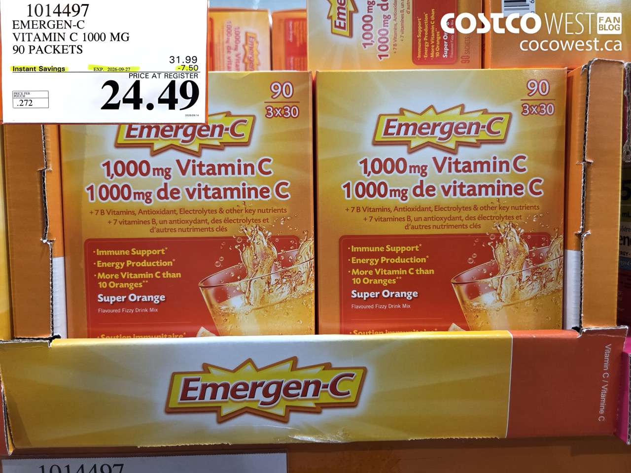 1014497 EMERGEN-C VITAMIN C 1000 MG 90 PACKETS ($7.50 INSTANT SAVINGS EXPIRES ON 2026-09-27) $24.49