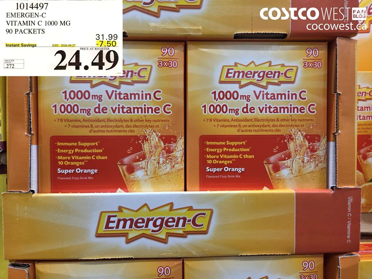 1014497 EMERGEN-C VITAMIN C 1000 MG 90 PACKETS ($7.50 INSTANT SAVINGS EXPIRES ON 2026-09-27) $24.49