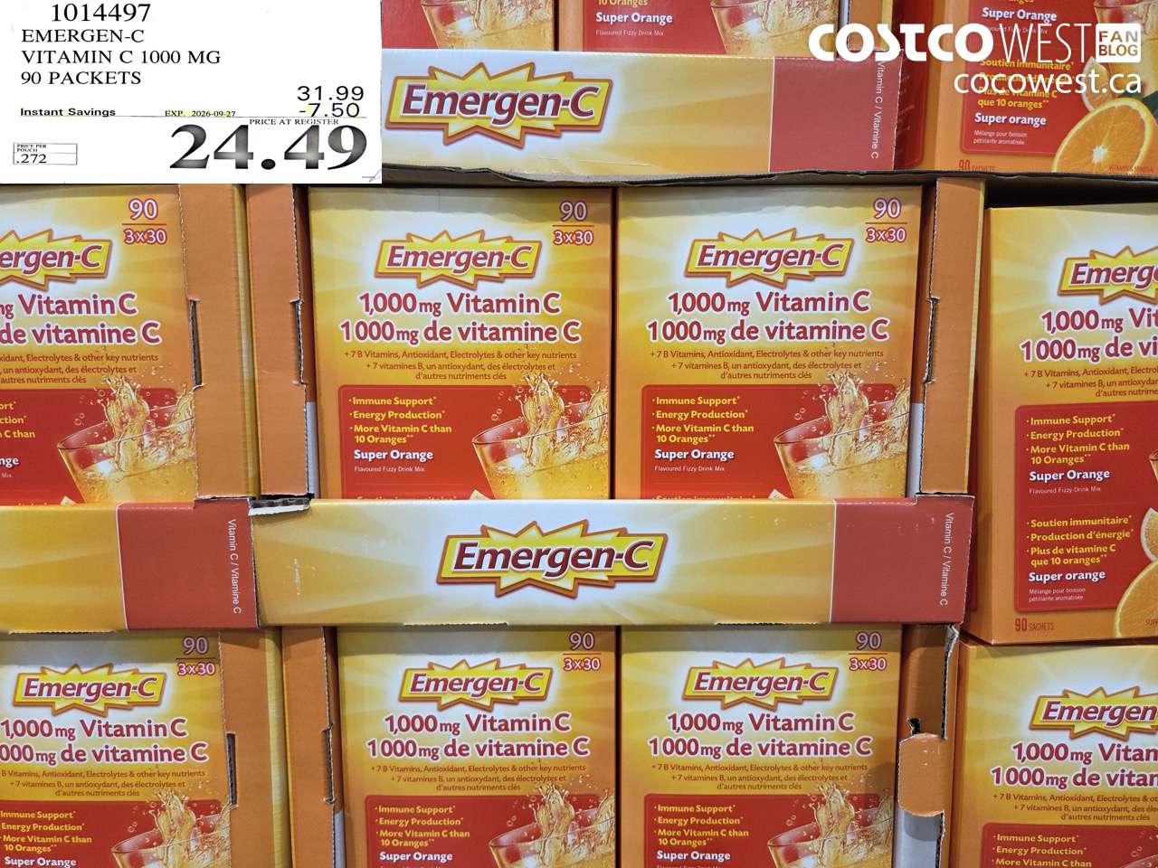 1014497 EMERGEN-C VITAMIN C 1000 MG 90 PACKETS ($7.50 INSTANT SAVINGS EXPIRES ON 2026-09-27) $24.49