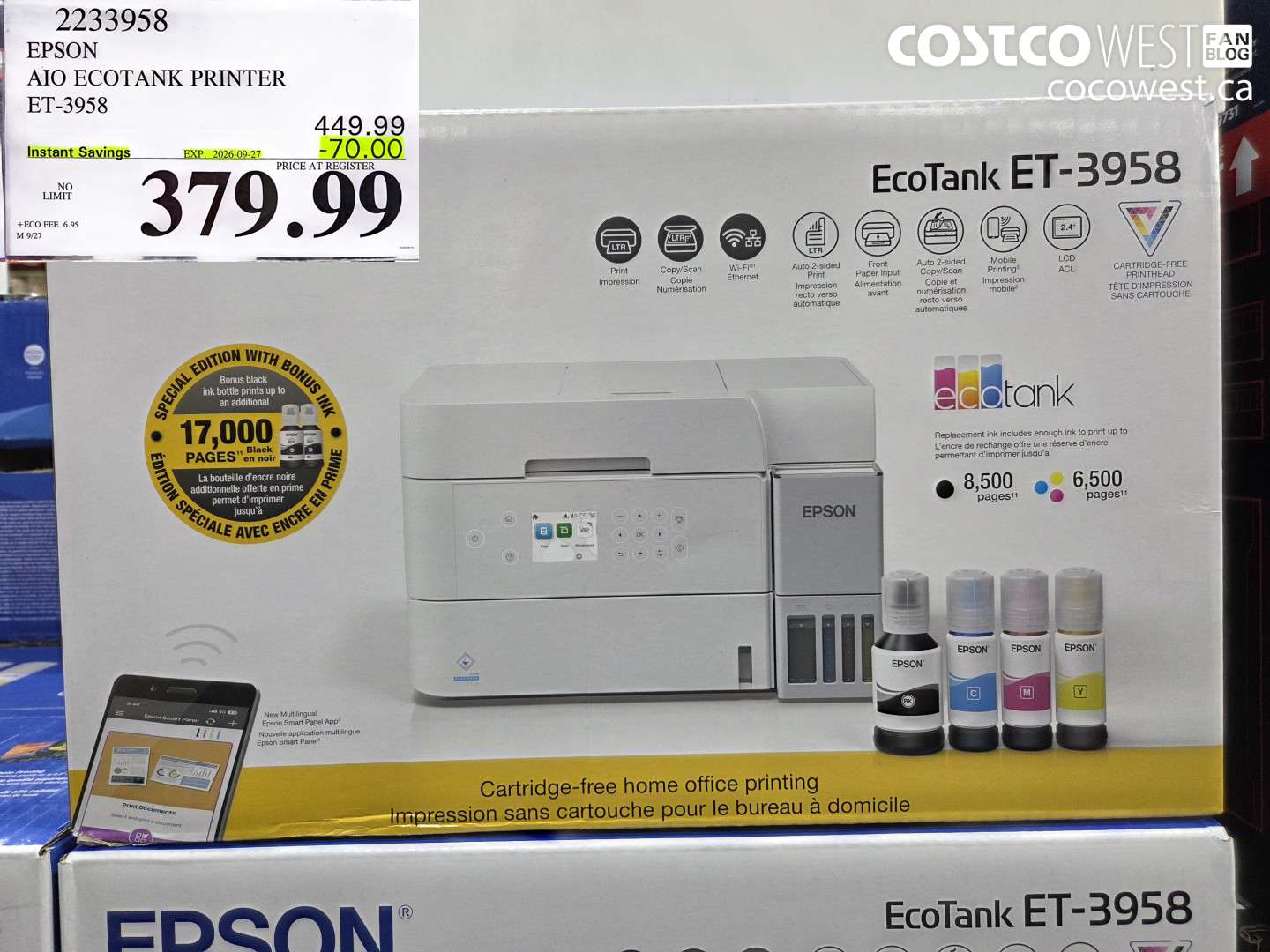 2233958 EPSON AIO ECOTANK PRINTER ET-3958 ($70.00 INSTANT SAVINGS EXPIRES ON 2026-09-27) $379.99