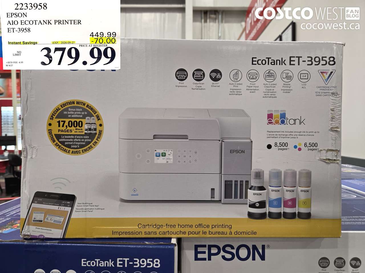 2233958 EPSON AIO ECOTANK PRINTER ET-3958 ($70.00 INSTANT SAVINGS EXPIRES ON 2026-09-27) $379.99