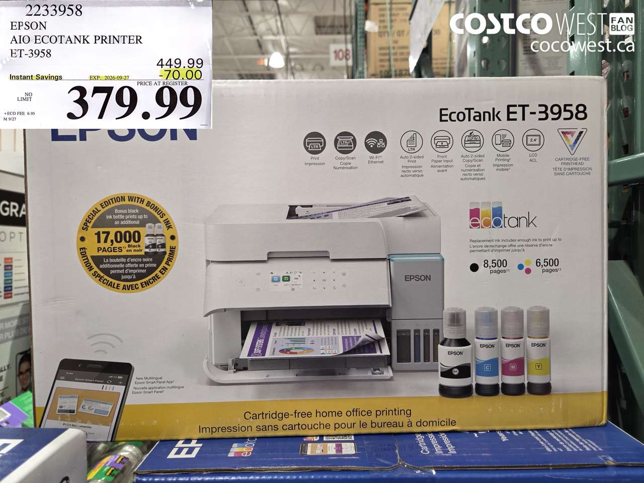 2233958 EPSON AIO ECOTANK PRINTER ET-3958 ($70.00 INSTANT SAVINGS EXPIRES ON 2026-09-27) $379.99