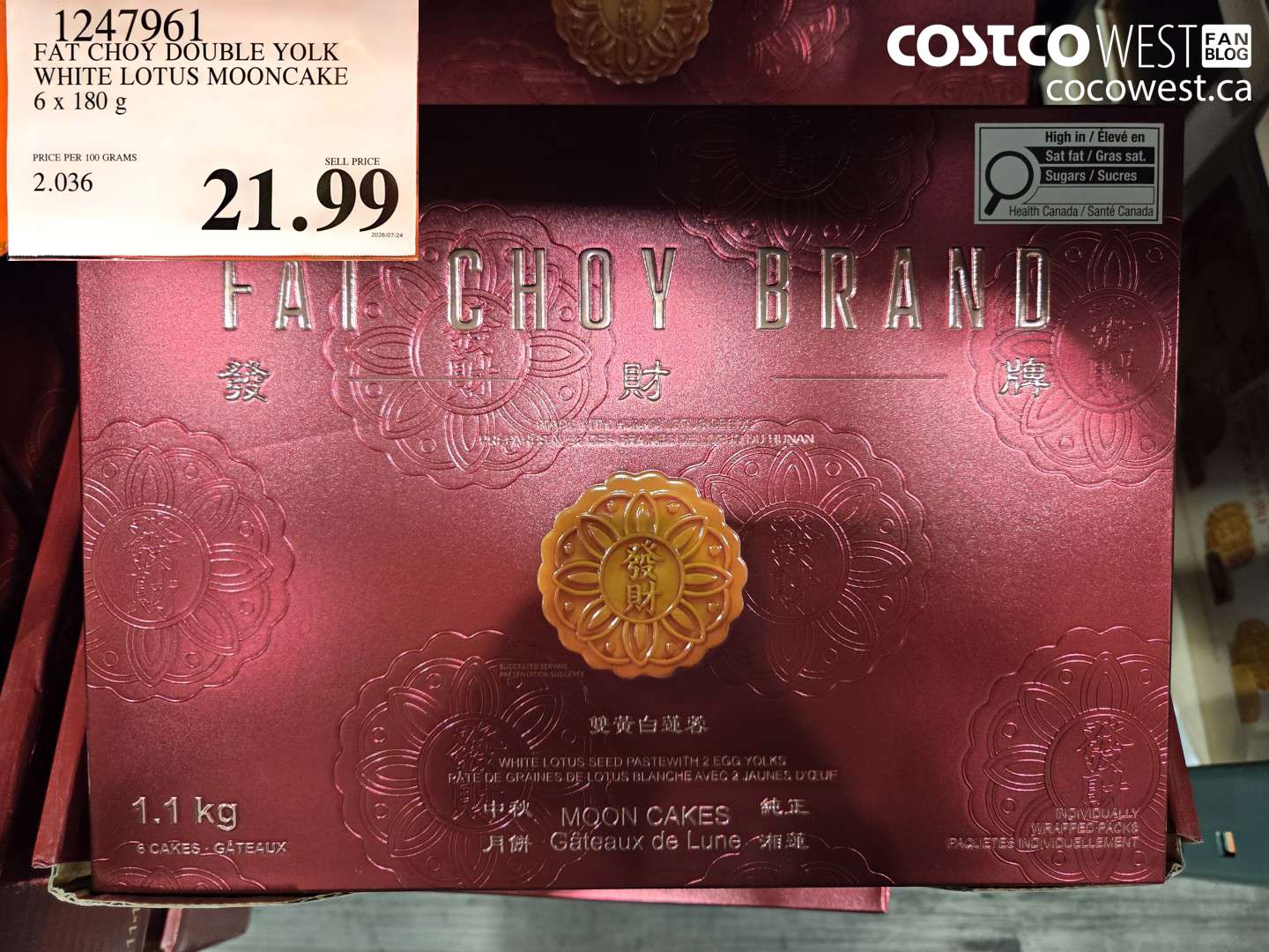 1247961 FAT CHOY DOUBLE YOLK WHITE LOTUS MOONCAKE 6 X 180 G $21.99
