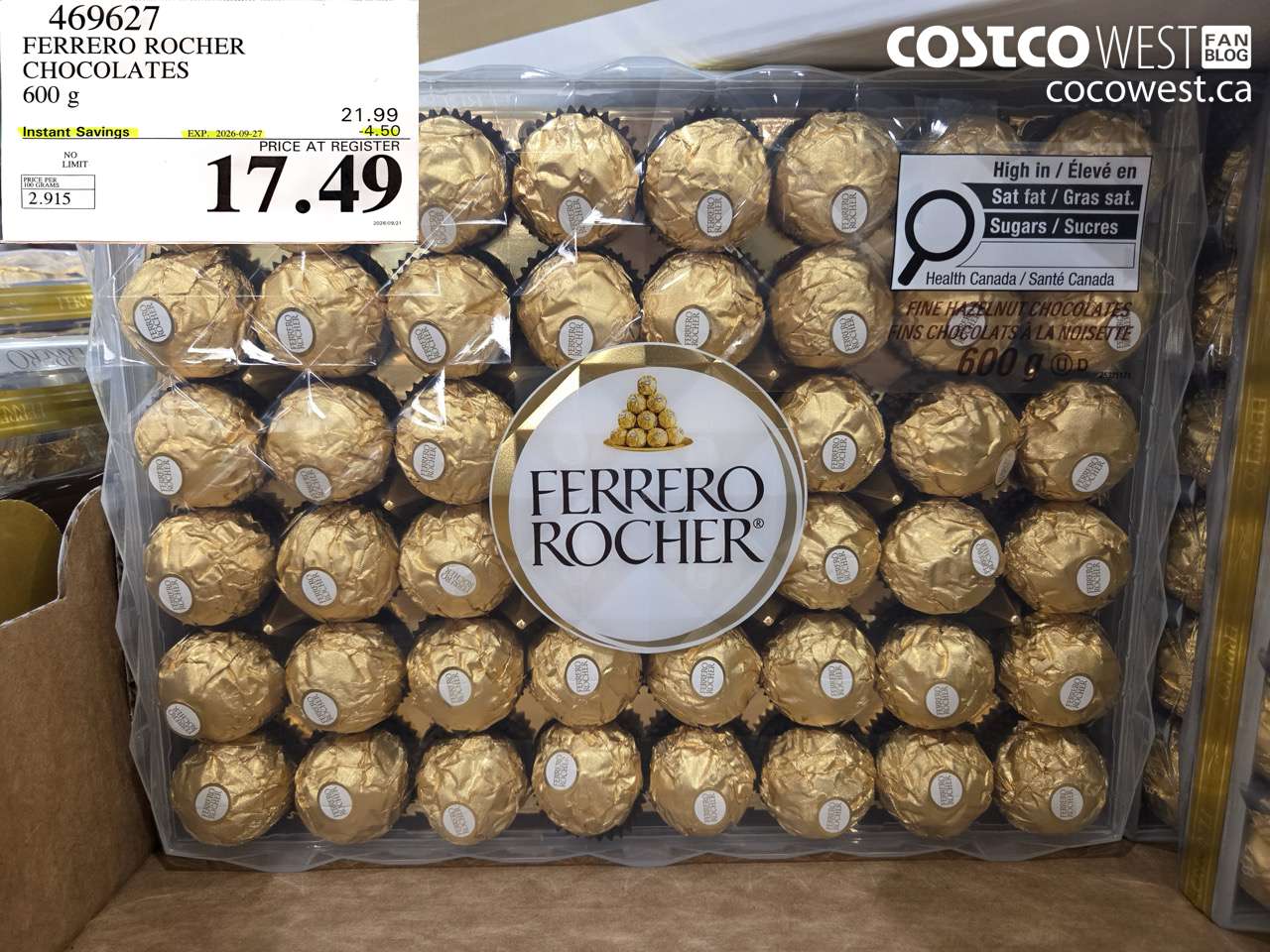 469627 FERRERO ROCHER CHOCOLATES 600 G ($4.50 INSTANT SAVINGS EXPIRES ON 2026-09-27) $17.49