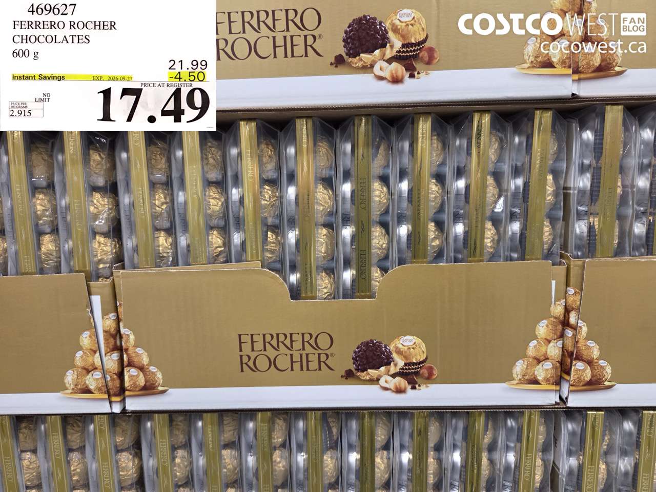 469627 FERRERO ROCHER CHOCOLATES 600 G ($4.50 INSTANT SAVINGS EXPIRES ON 2026-09-27) $17.49