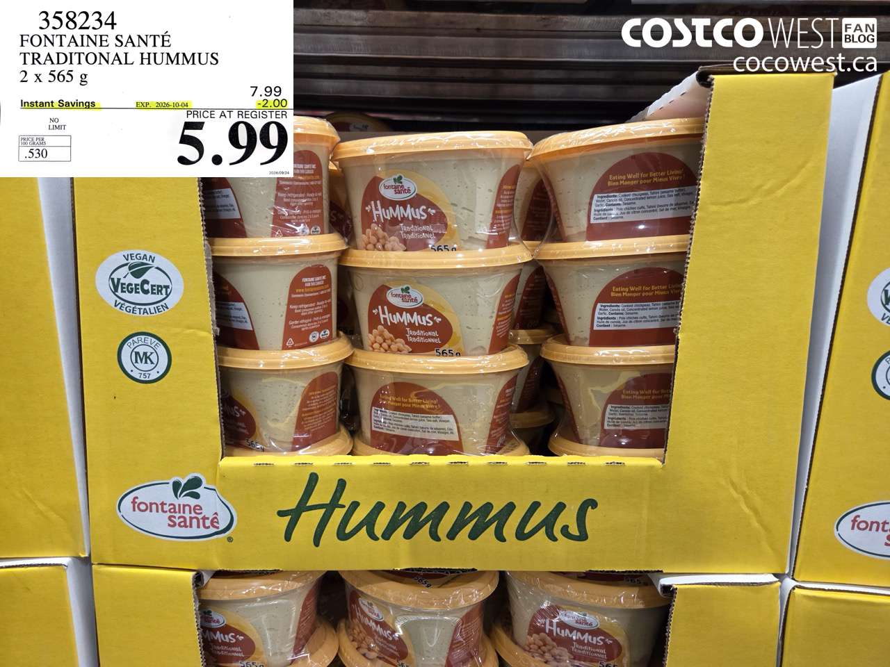 358234 FONTAINE SANTÉ TRADITIONAL HUMMUS 2 X 565 G ($2.00 INSTANT SAVINGS EXPIRES ON 2026-10-04) $5.99