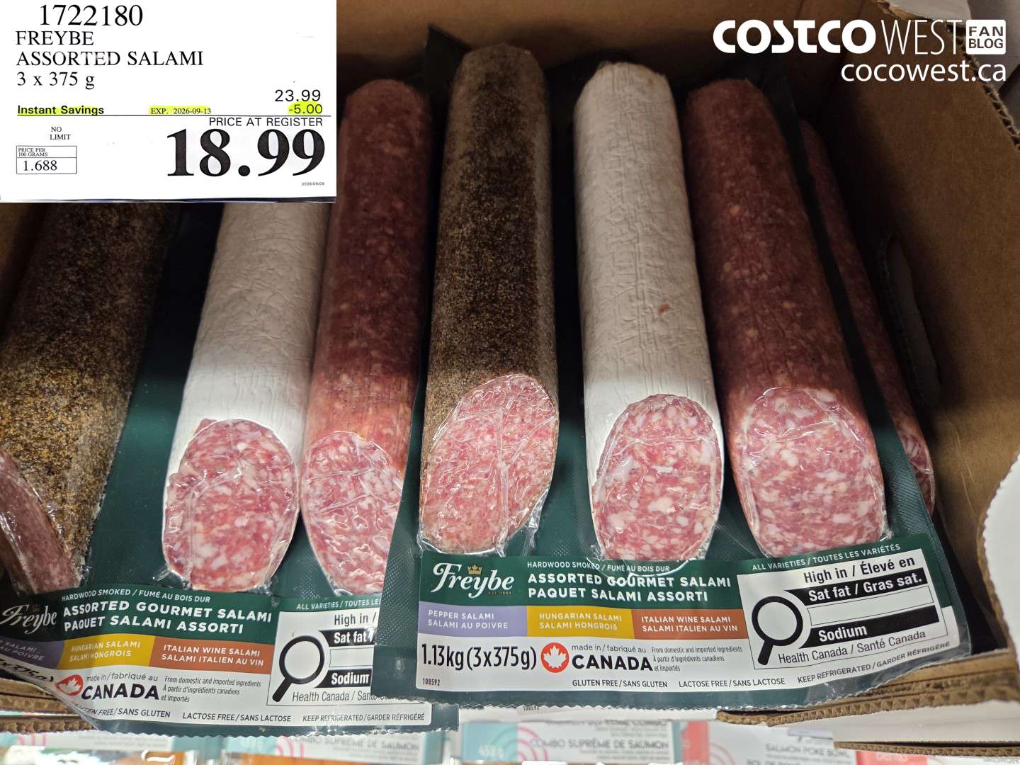 1722180 FREYBE ASSORTED SALAMI 3 X 375 G ($5.00 INSTANT SAVINGS EXPIRES ON 2026-09-13) $18.99