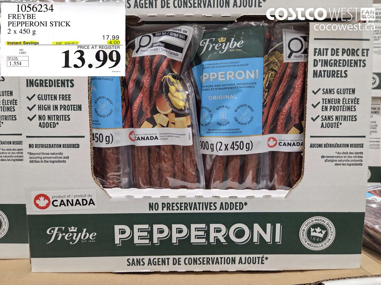 1056234 FREYBE PEPPERONI STICK 2 X 450 G ($4.00 INSTANT SAVINGS EXPIRES ON 2026-09-27) $13.99