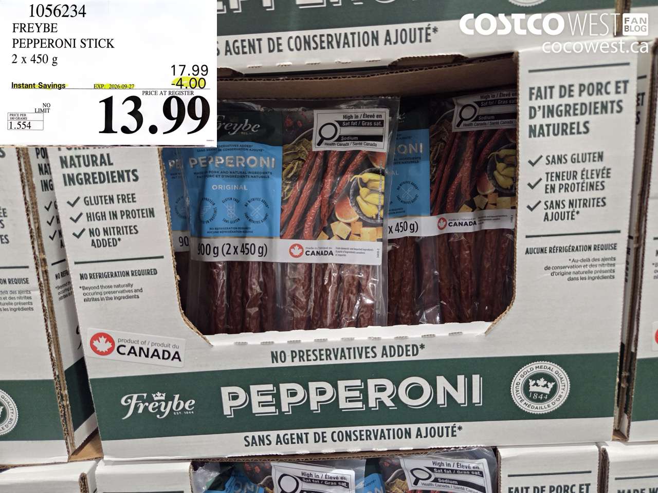 1056234 FREYBE PEPPERONI STICK 2 X 450 G ($4.00 INSTANT SAVINGS EXPIRES ON 2026-09-27) $13.99