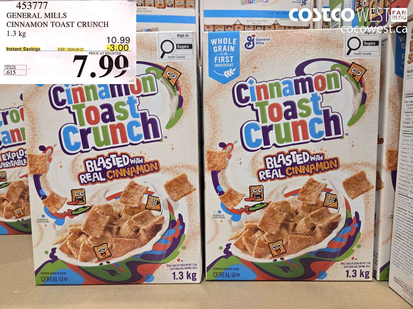 453777 GENERAL MILLS CINNAMON TOAST CRUNCH 1.3 KG ($3.00 INSTANT SAVINGS EXPIRES ON 2026-09-27) $7.99