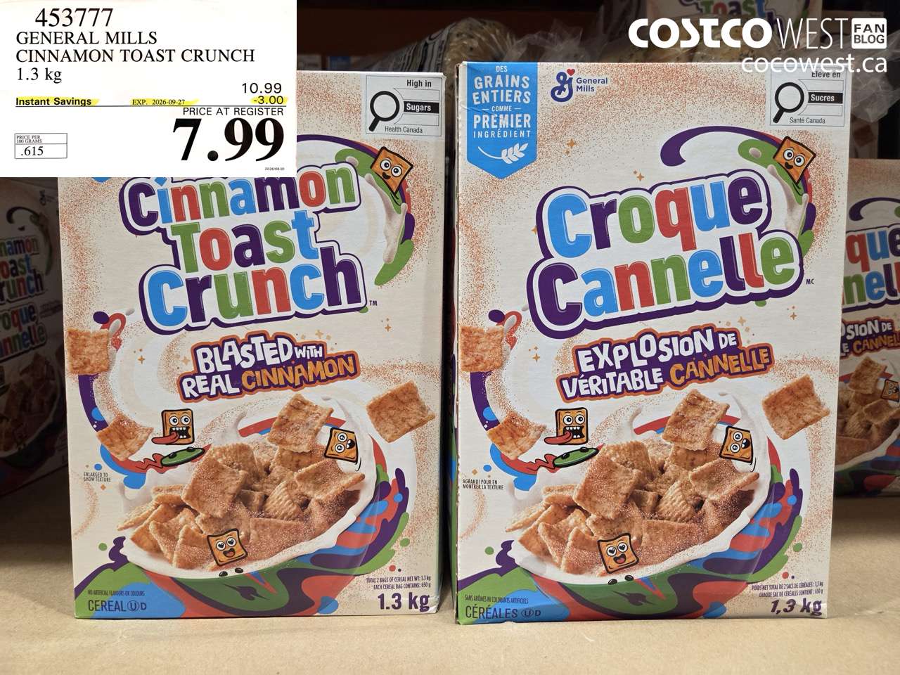453777 GENERAL MILLS CINNAMON TOAST CRUNCH 1.3 KG ($3.00 INSTANT SAVINGS EXPIRES ON 2026-09-27) $7.99