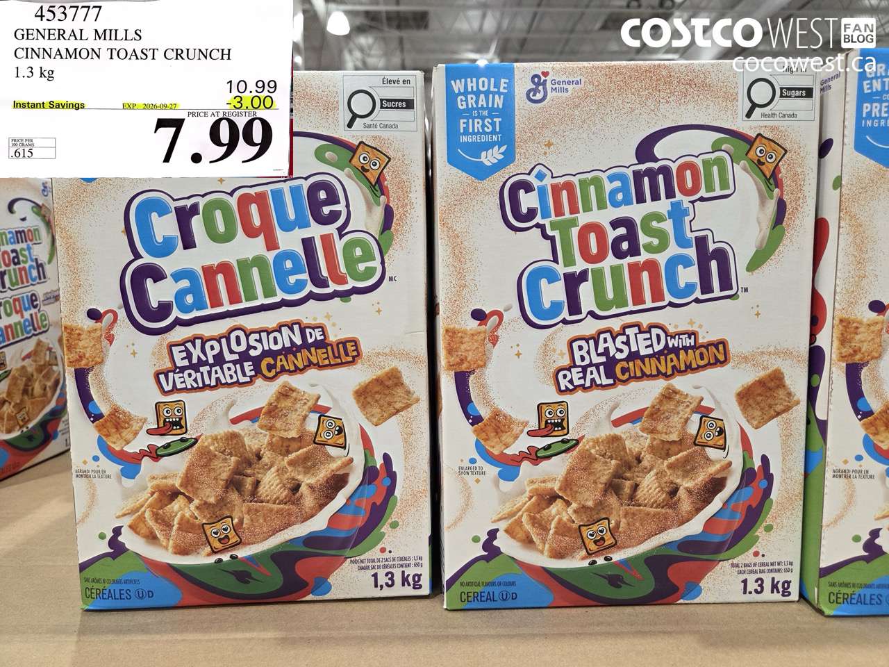 453777 GENERAL MILLS CINNAMON TOAST CRUNCH 1.3 KG ($3.00 INSTANT SAVINGS EXPIRES ON 2026-09-27) $7.99