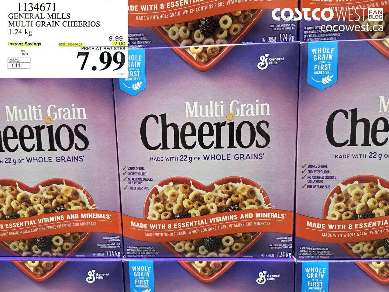 1134671 GENERAL MILLS MULTI GRAIN CHEERIOS 1.24 KG ($2.00 INSTANT SAVINGS EXPIRES ON 2026-09-27) $7.99