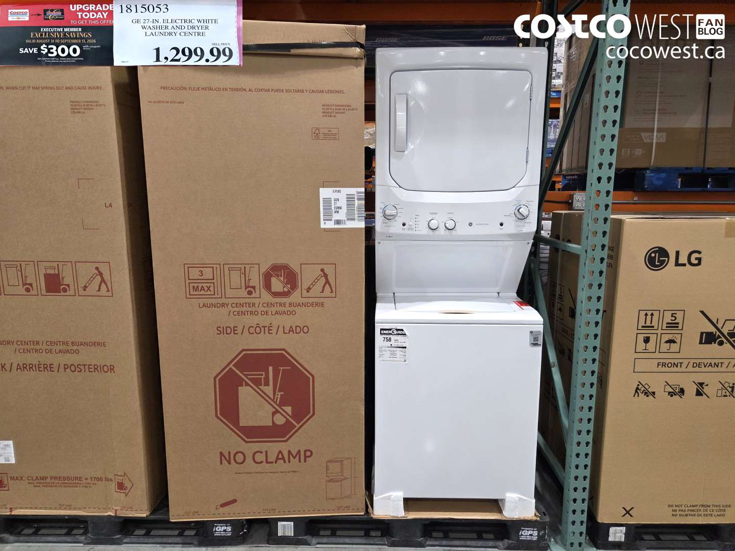 1815053 GE 27-IN. ELECTRIC WHITE WASHER AND DRYER LAUNDRY CENTRE 300 OFF (EXPIRES ON 2026-09-13) $1299.99