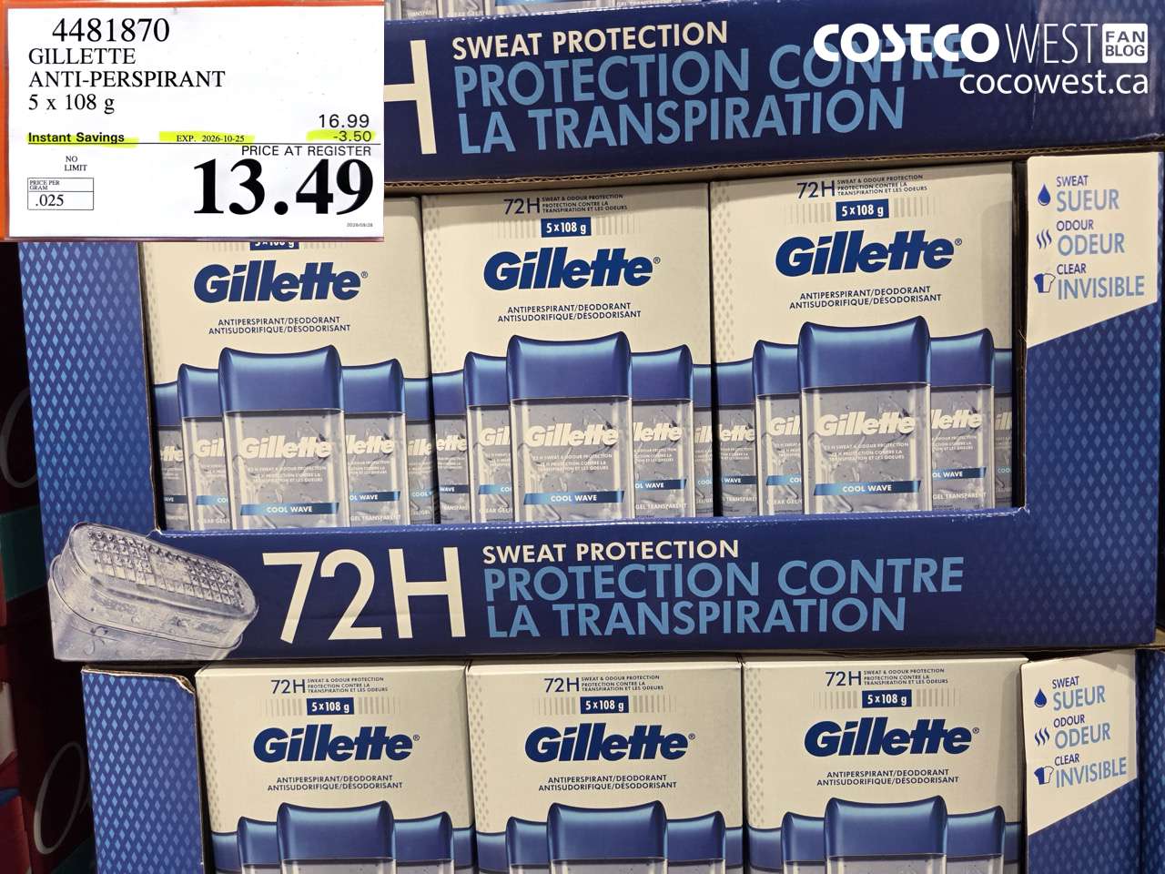 4481870 GILLETTE ANTI-PERSPIRANT 5 X 108 G ($3.50 INSTANT SAVINGS EXPIRES ON 2026-10-25) $13.49