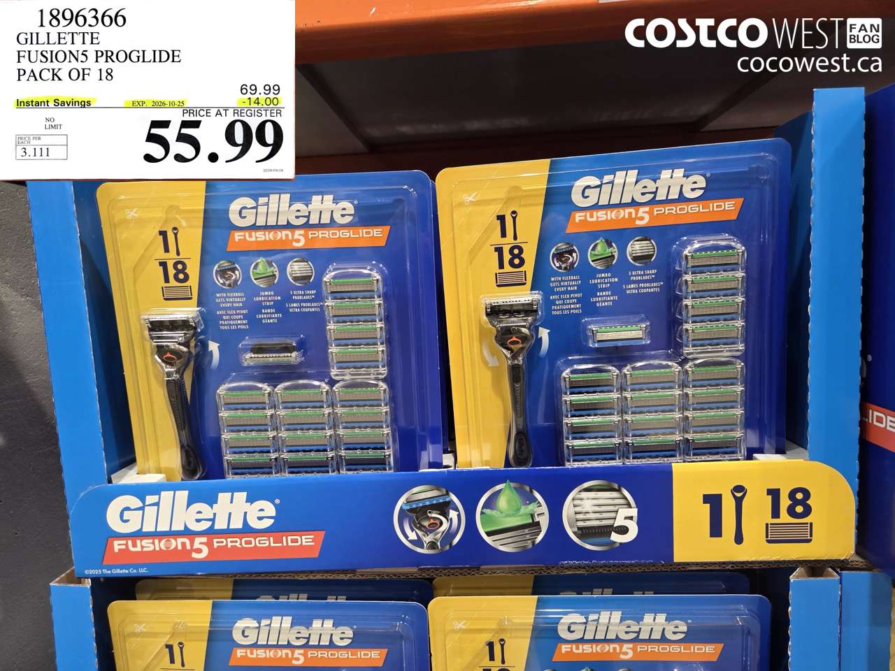 1896366 GILLETTE FUSION5 PROGLIDE PACK OF 18 ($14.00 INSTANT SAVINGS EXPIRES ON 2026-10-25) $55.99