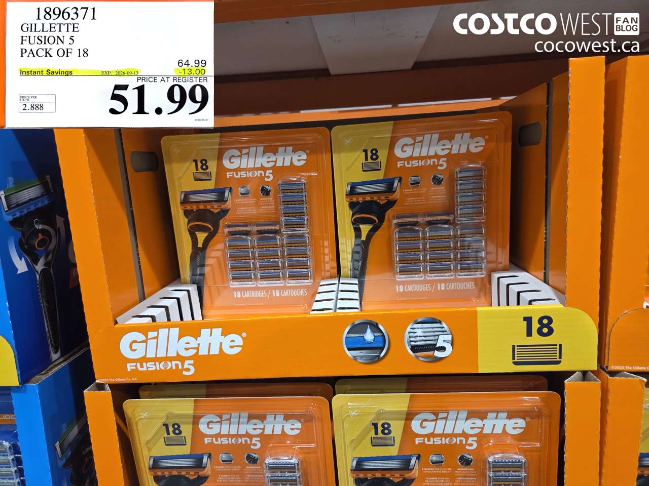 1896371 GILLETTE FUSION 5 PACK OF 18 ($13.00 INSTANT SAVINGS EXPIRES ON 2026-09-13) $51.99