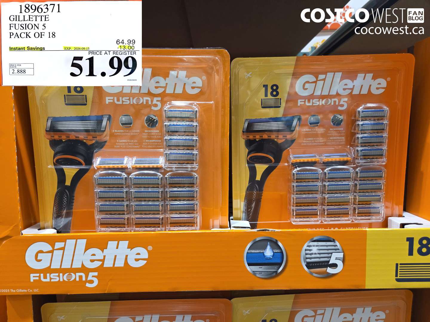 1896371 GILLETTE FUSION 5 PACK OF 18 ($13.00 INSTANT SAVINGS EXPIRES ON 2026-09-13) $51.99