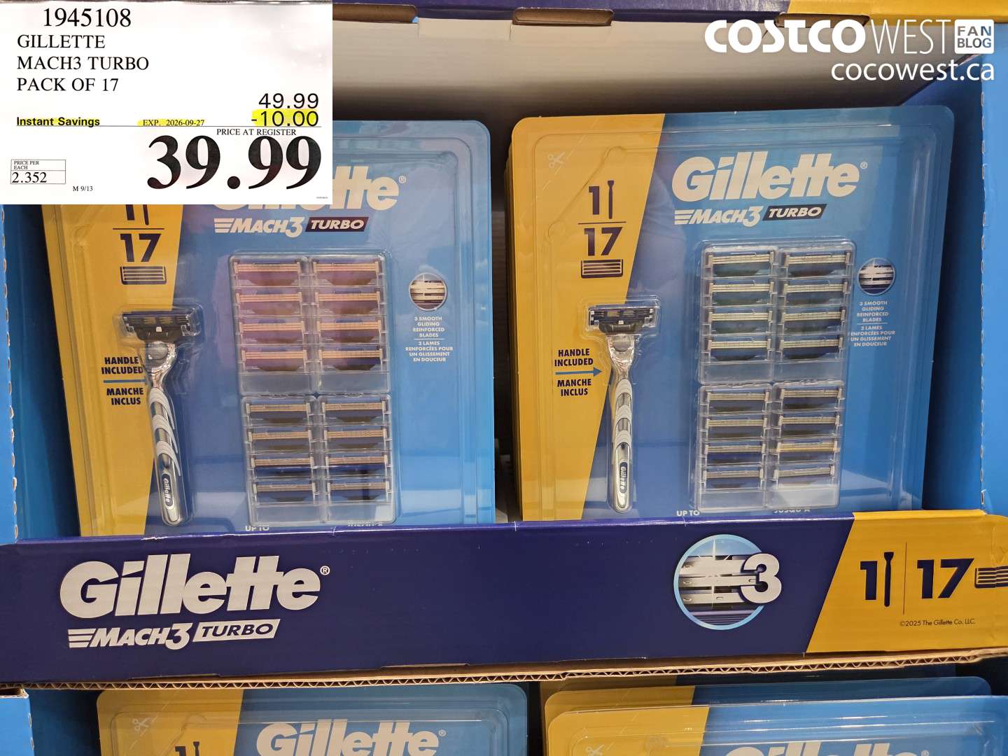 1945108 GILLETTE MACH3 TURBO PACK OF 17 ($10.00 INSTANT SAVINGS EXPIRES ON 2026-09-27) $39.99