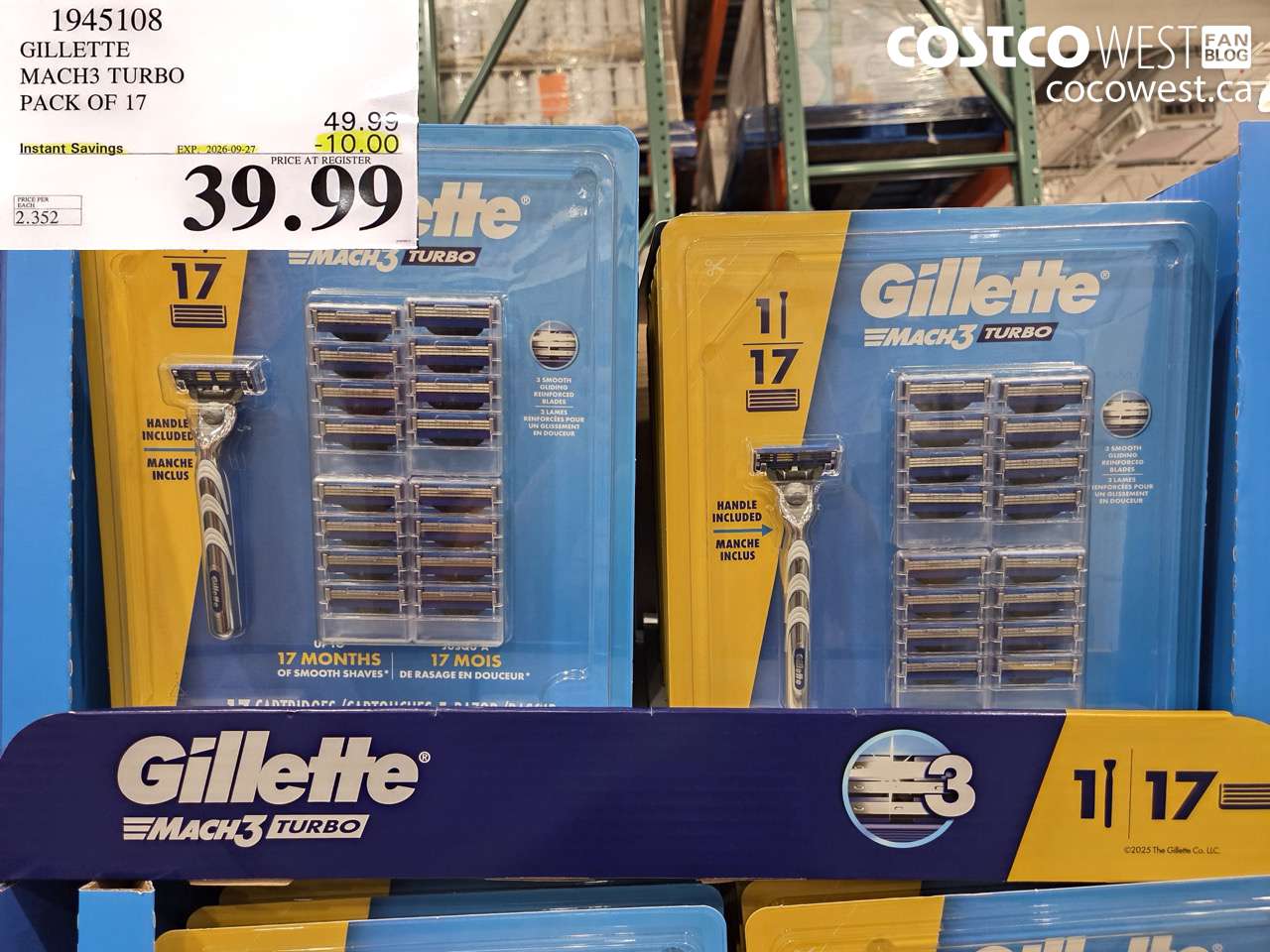 1945108 GILLETTE MACH3 TURBO PACK OF 17 ($10.00 INSTANT SAVINGS EXPIRES ON 2026-09-27) $39.99