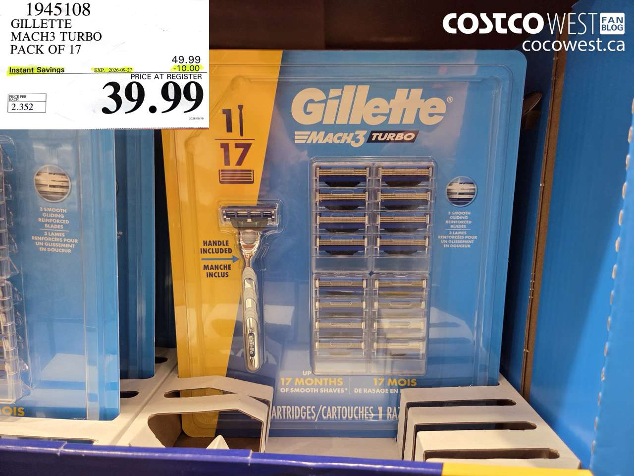 1945108 GILLETTE MACH3 TURBO PACK OF 17 ($10.00 INSTANT SAVINGS EXPIRES ON 2026-09-27) $39.99