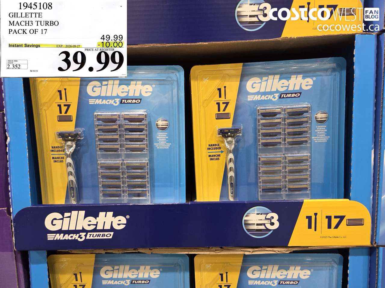 1945108 GILLETTE MACH3 TURBO PACK OF 17 ($10.00 INSTANT SAVINGS EXPIRES ON 2026-09-27) $39.99