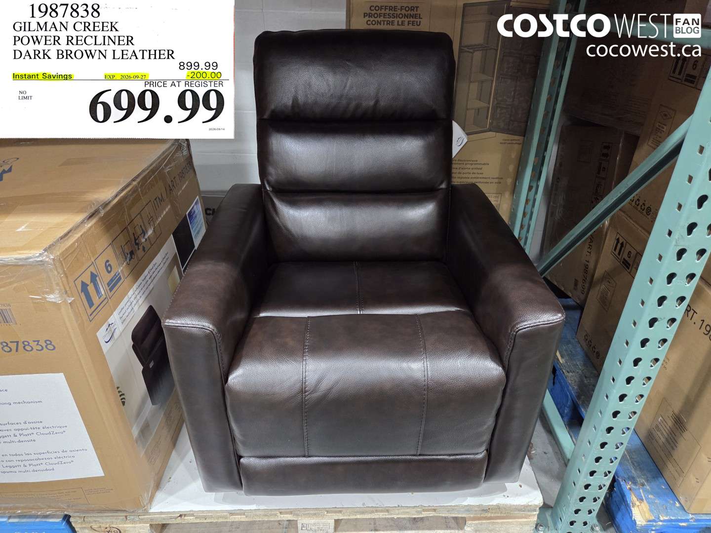 1987838 GILMAN CREEK POWER RECLINER DARK BROWN LEATHER ($200.00 INSTANT SAVINGS EXPIRES ON 2026-09-27) $699.99