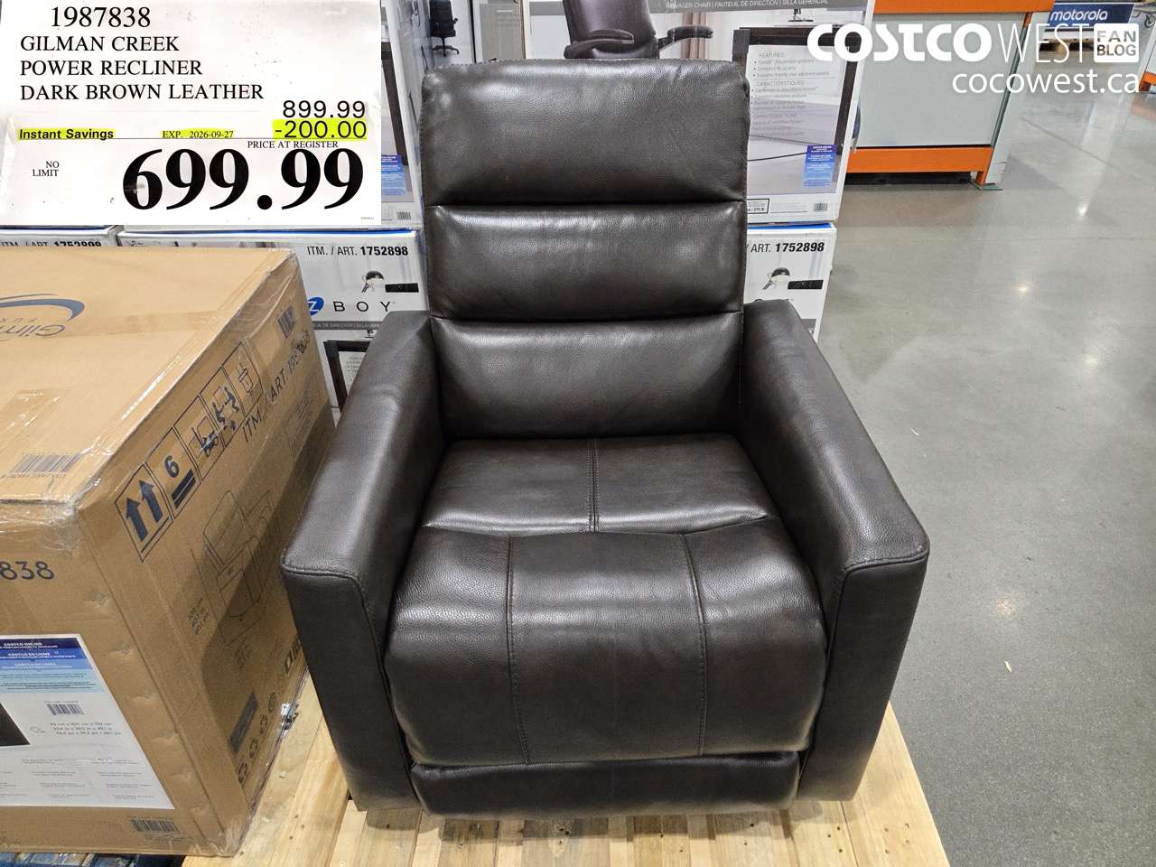 1987838 GILMAN CREEK POWER RECLINER DARK BROWN LEATHER ($200.00 INSTANT SAVINGS EXPIRES ON 2026-09-27) $699.99