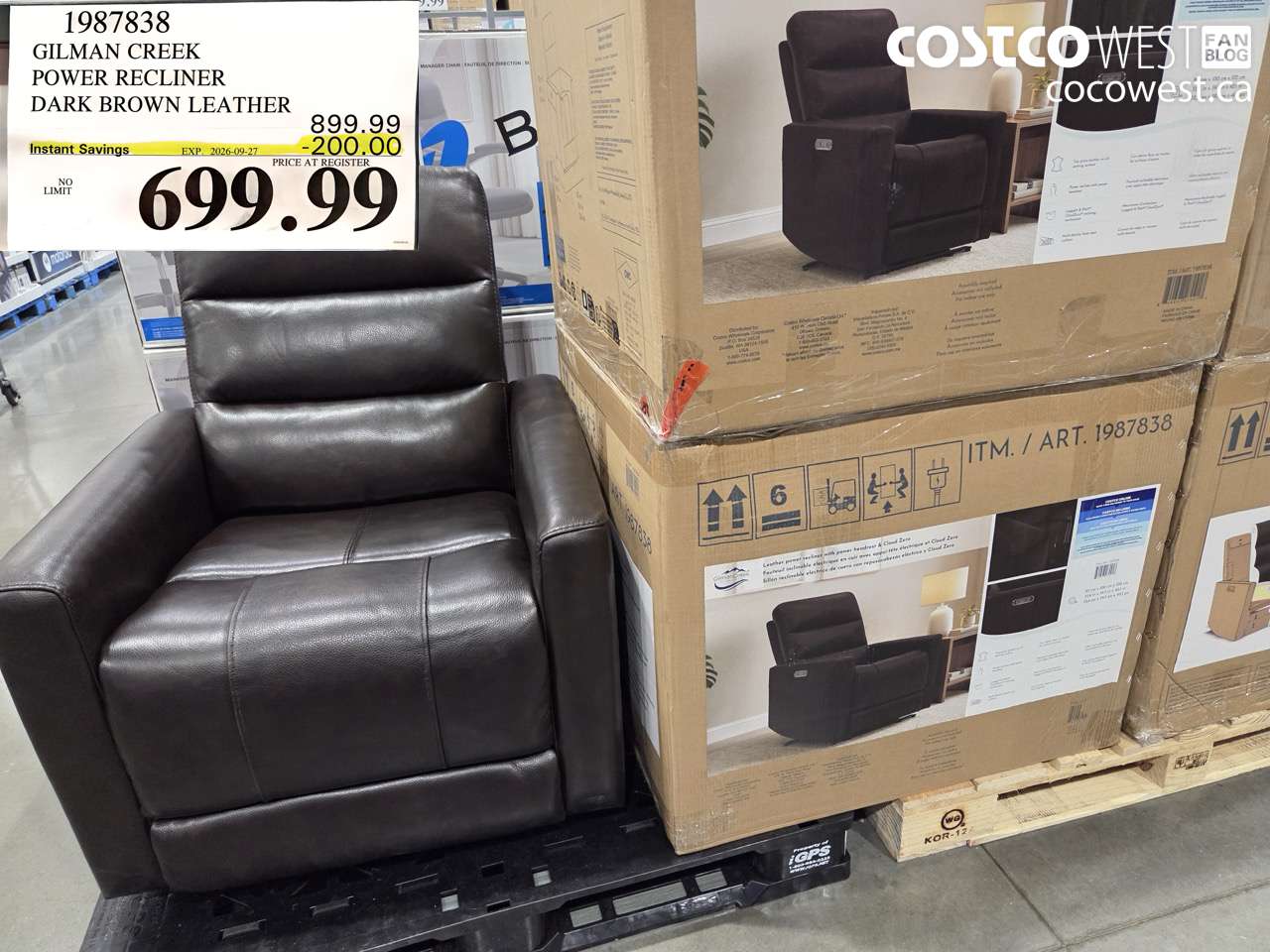 1987838 GILMAN CREEK POWER RECLINER DARK BROWN LEATHER ($200.00 INSTANT SAVINGS EXPIRES ON 2026-09-27) $699.99