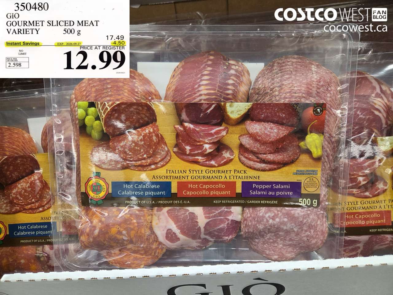 350480 GIO GOURMET SLICED MEAT VARIETY 500 G ($4.50 INSTANT SAVINGS EXPIRES ON 2026-09-27) $12.99