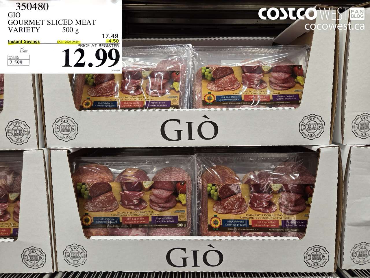 350480 GIO GOURMET SLICED MEAT VARIETY 500 G ($4.50 INSTANT SAVINGS EXPIRES ON 2026-09-29) $12.99