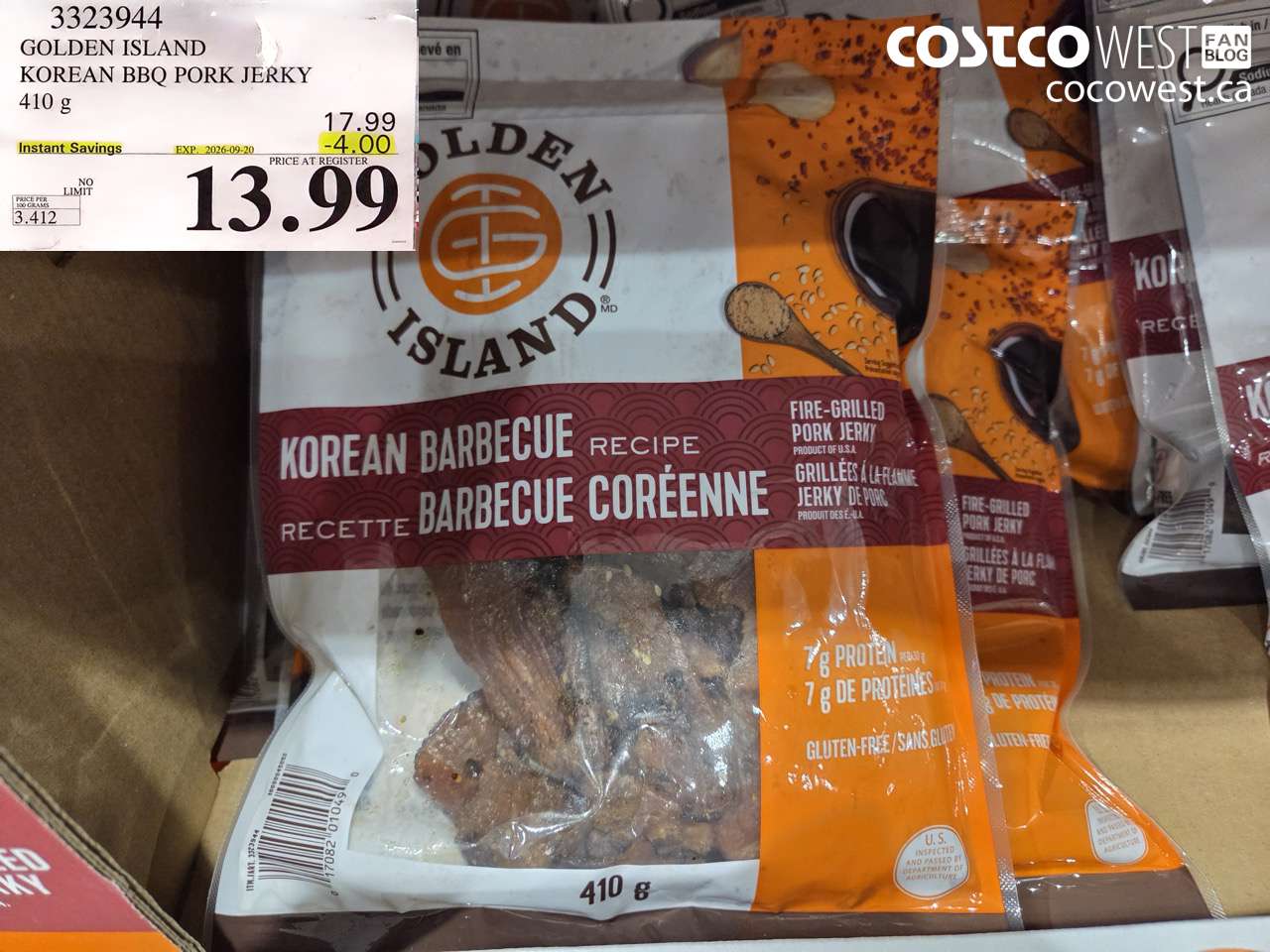 3323944 GOLDEN ISLAND KOREAN BBQ PORK JERKY 410 G ($4.00 INSTANT SAVINGS EXPIRES ON 2026-09-20) $13.99