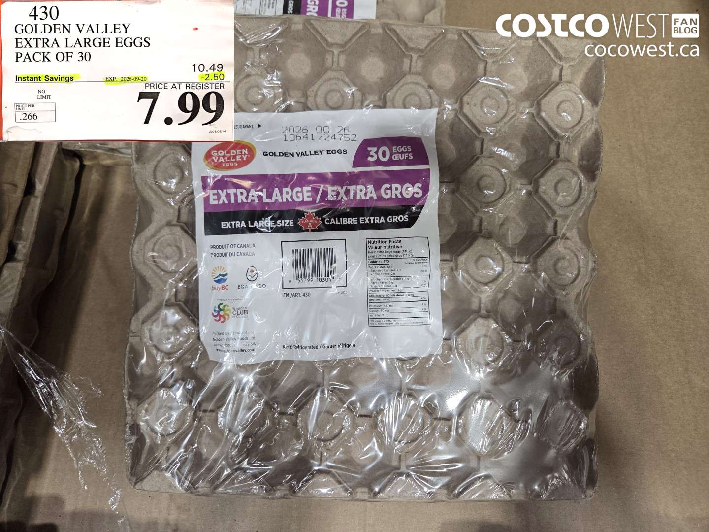 430 GOLDEN VALLEY EXTRA LARGE EGGS PACK OF 30 ($2.50 INSTANT SAVINGS EXPIRES ON 2026-09-20) $7.99