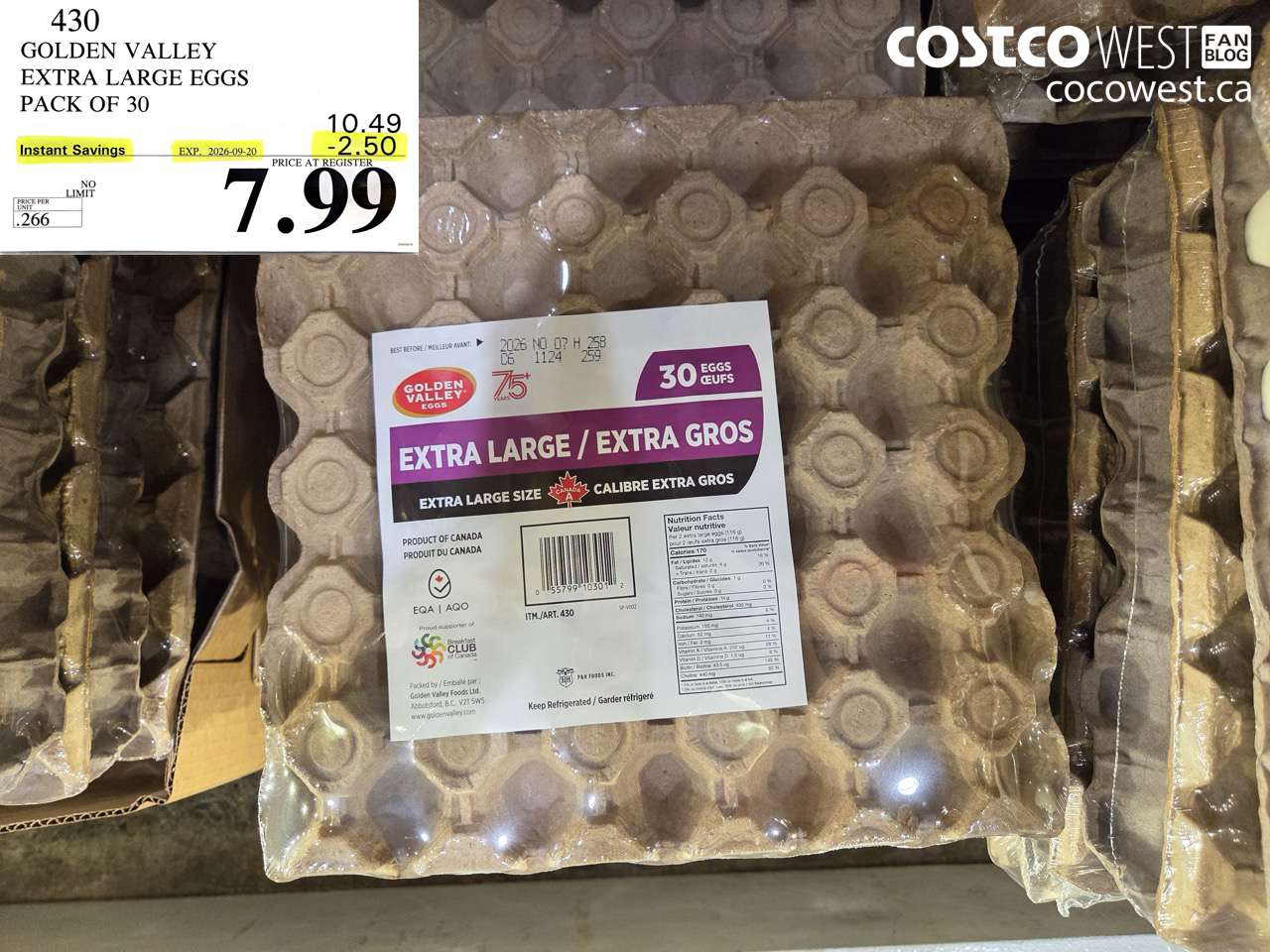 430 GOLDEN VALLEY EXTRA LARGE EGGS PACK OF 30 ($2.50 INSTANT SAVINGS EXPIRES ON 2026-09-20) $7.99