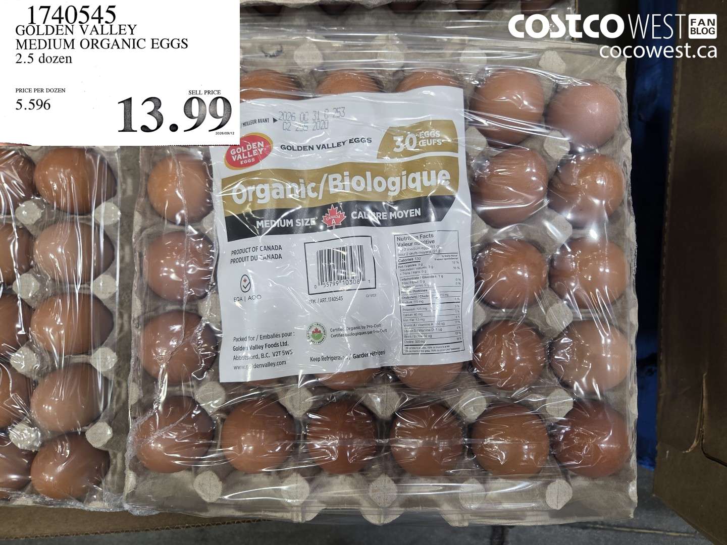1740545 GOLDEN VALLEY MEDIUM ORGANIC EGGS 2.5 DOZEN $13.99