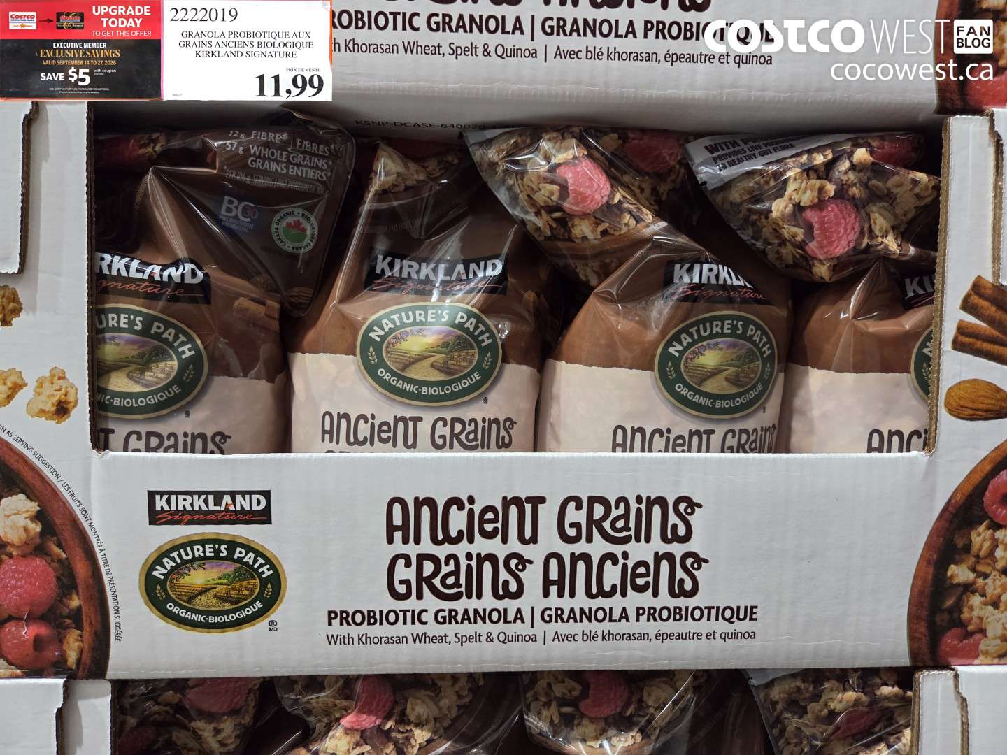 2222019 GRANOLA PROBIOTIQUE AUX GRAINS ANCIENS BIOLOGIQUE KIRKLAND SIGNATURE ($5.00 INSTANT SAVINGS EXPIRES ON 2026-09-27) $11.99