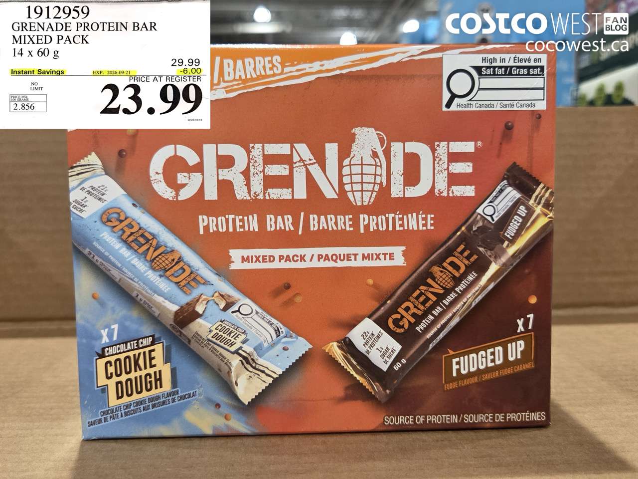 1912959 GRENADE PROTEIN BAR MIXED PACK 14 X 60 G ($6.00 INSTANT SAVINGS EXPIRES ON 2026-09-21) $23.99