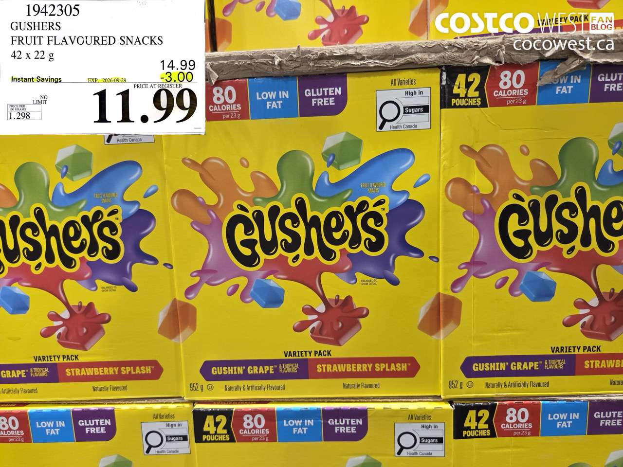 1942305 GUSHERS FRUIT FLAVOURED SNACKS 42 X 22 G ($3.00 INSTANT SAVINGS EXPIRES ON 2026-09-29) $11.99