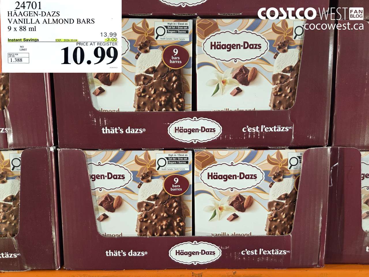 24701 HÄAGEN-DAZS VANILLA ALMOND BARS 9 X 88 ML ($3.00 INSTANT SAVINGS EXPIRES ON 2026-10-04) $10.99